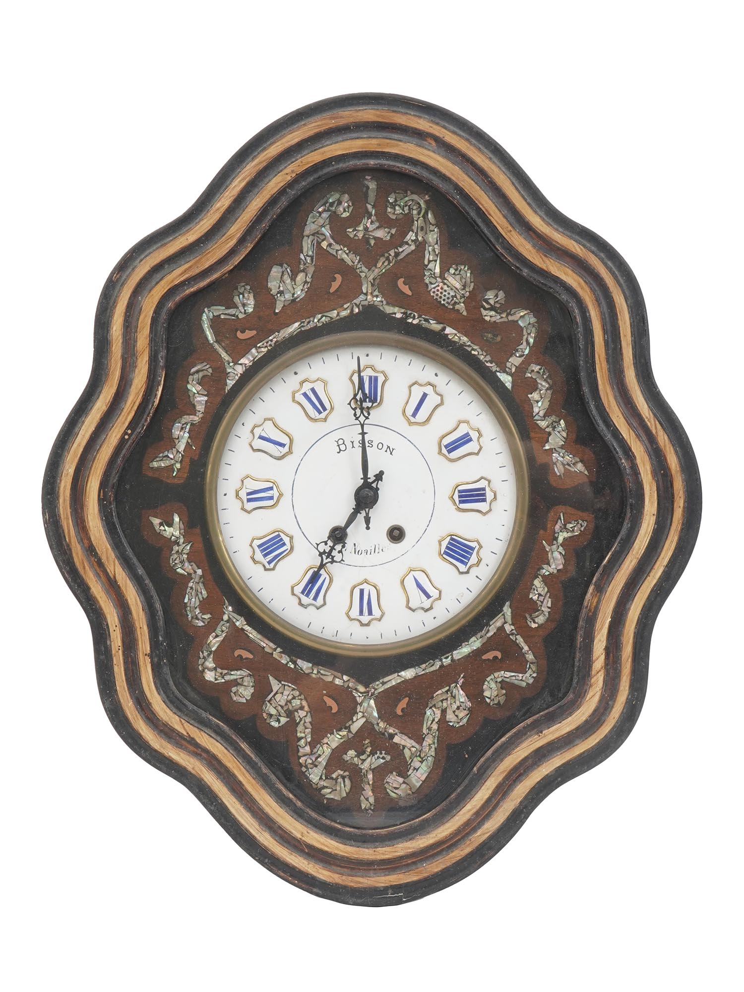 19TH CEN FRENCH MOTHER OF PEARL WOOD WALL CLOCK PIC-0